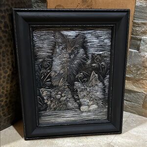 Vintage Framed Scratchboard Artwork featuring a Mother Cat and Kittens